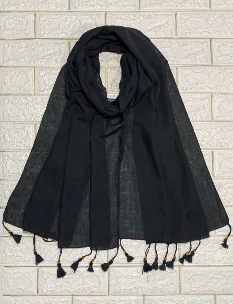 شال نخی منگوله چوبی مشکی عرض 75 کد 8357