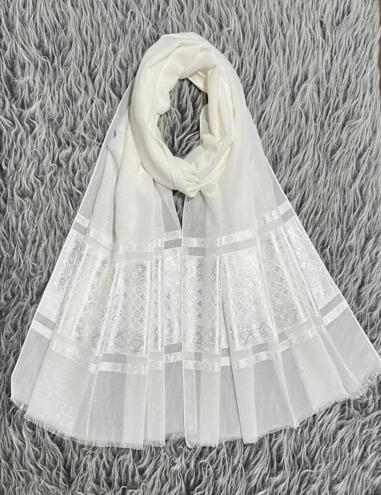 شال حریرنخ مجلسی سفید دستک کریستال عرض 80 کد 5851