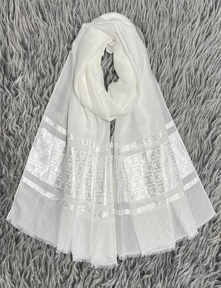 شال حریرنخ مجلسی سفید دستک کریستال عرض 80 کد 5853
