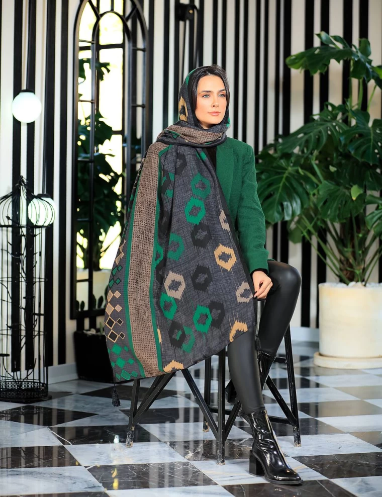 شال نخی ژاکارد منگوله دار عرض 75 کد 6543