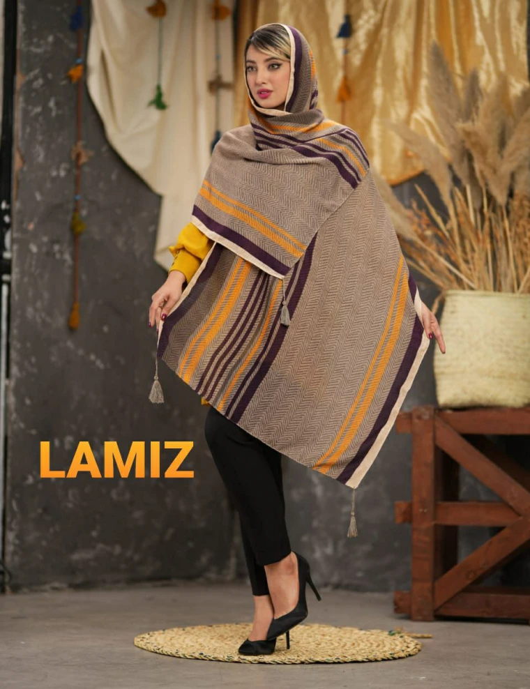 شال نخی کندویی پاییزه منگوله دار عرض 75 کد 5350