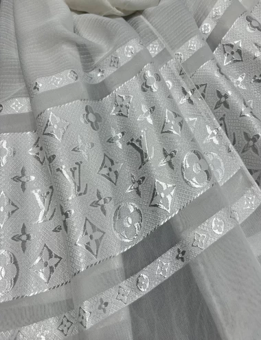 شال حریرنخ مجلسی سفید دستک کریستال عرض 80 کد 5856