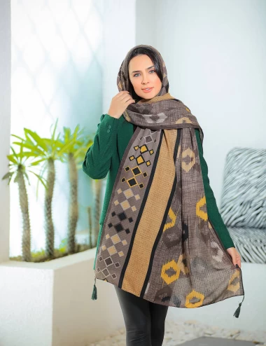 شال نخی ژاکارد منگوله دار عرض 75 کد 6543